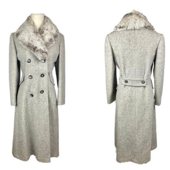 1970's Vintage Gray Wool Fur Collared Double Breasted Duster Coat - Picture 1 of 10